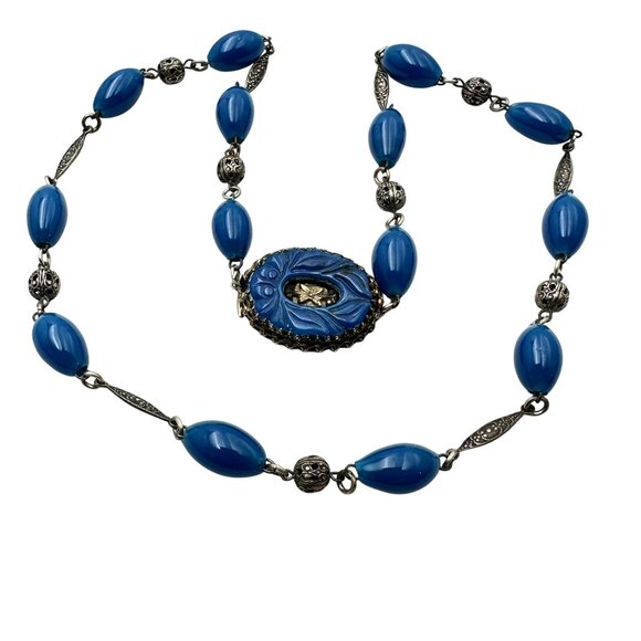 Antique Czech Art Deco Blue Glass Pendant Necklace Sterling Silver Hallmarked - Picture 3 of 5